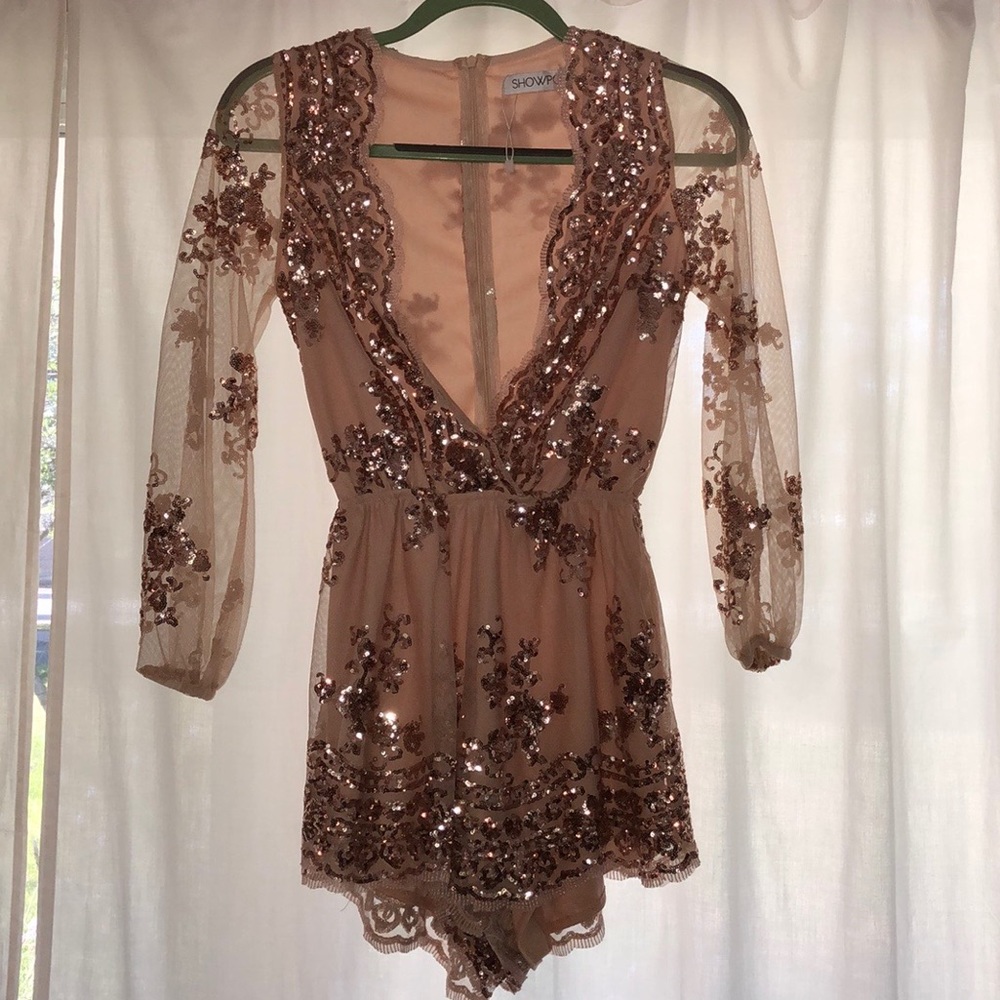 Champagne/rose gold sequined lace romper